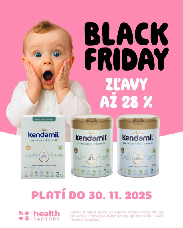 Black Friday je tu! 🖤 Využi zľavy až 28 % na obľúbené mlieka, kaše a kvapky Kendamil (a veľa ďalšieho 🤫).

📅 Akcia platí do 30. 11. 2025 na našom oficiálnom e-shope @healthfactory_sk.

👶 Dopraj svojmu drobčekovi to najlepšie – teraz s výhodnou Black Friday zľavou.