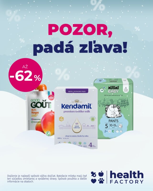 Zľava padá! A práve pristála na našom oficiálnom e-shope @healthfactory_sk. 🌠

Práve štartuje parádna zľavová akcia, v ktorej nakúpiš:
✨ mliečka a kaše Kendamil
✨ BIO detskú výživu Good Gout
✨ ekologické plienky Moomin Baby
✨ a množstvo ďalšieho!

Zľavy až –62 % u nás nájdeš až do 18. 1. 2026 alebo do vypredania zásob. Odporúčame s nákupom dlho neotáľať, aby sa vaše obľúbené produkty nevypredali. 🛍️👶