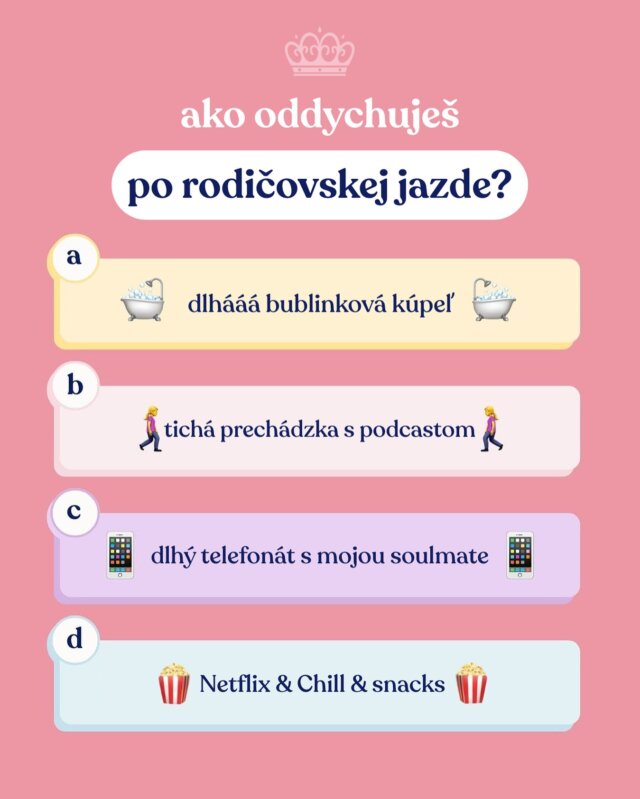 Zajtra to začína 📚 Škola, škôlka, vyzdvihovanie, úlohy, desiaty, krúžky… na jednu stranu poriadny záprah, na druhú ale aj možná chvíľka pre seba. Pre niektorých rodičov deň ako každý iný, pre iných nový začiatok po intenzívnych 2 mesiacoch. 😮‍💨

Tu je malá pripomienka:
👟 hýb sa, kedykoľvek to pôjde,
🥦 dopraj si niečo výživné,
🧘‍♀️ a nezabudni na chvíľu pokoja.

Keby ste si mali vybrať len jeden spôsob, ako dobiť baterky – ktorý by to bol? 🤔