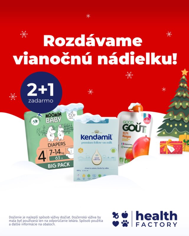 Vianočná nádielka, ktorá poteší všetkých rodičov, už teraz na @healthfactory_sk! ✨🎅

V akcii 2+1 ZADARMO nakúpite napríklad papierové balenia mliečok alebo lahodné mliečne kaše Kendamil. 🎁

👉 Akcia sa nevzťahuje na počiatočné dojčenské mlieka.
👉 Akcia trvá do 17. 12. 2025 alebo do vypredania zásob.

P.S.: Nájdete tam aj špeciálne akcie na prémiové BIO príkrmy pre deti či ekologické plienky. 😉